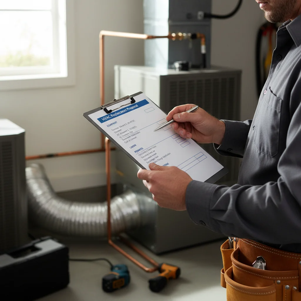 Itemized HVAC replacement estimate on a clipboard showing line items for equipme