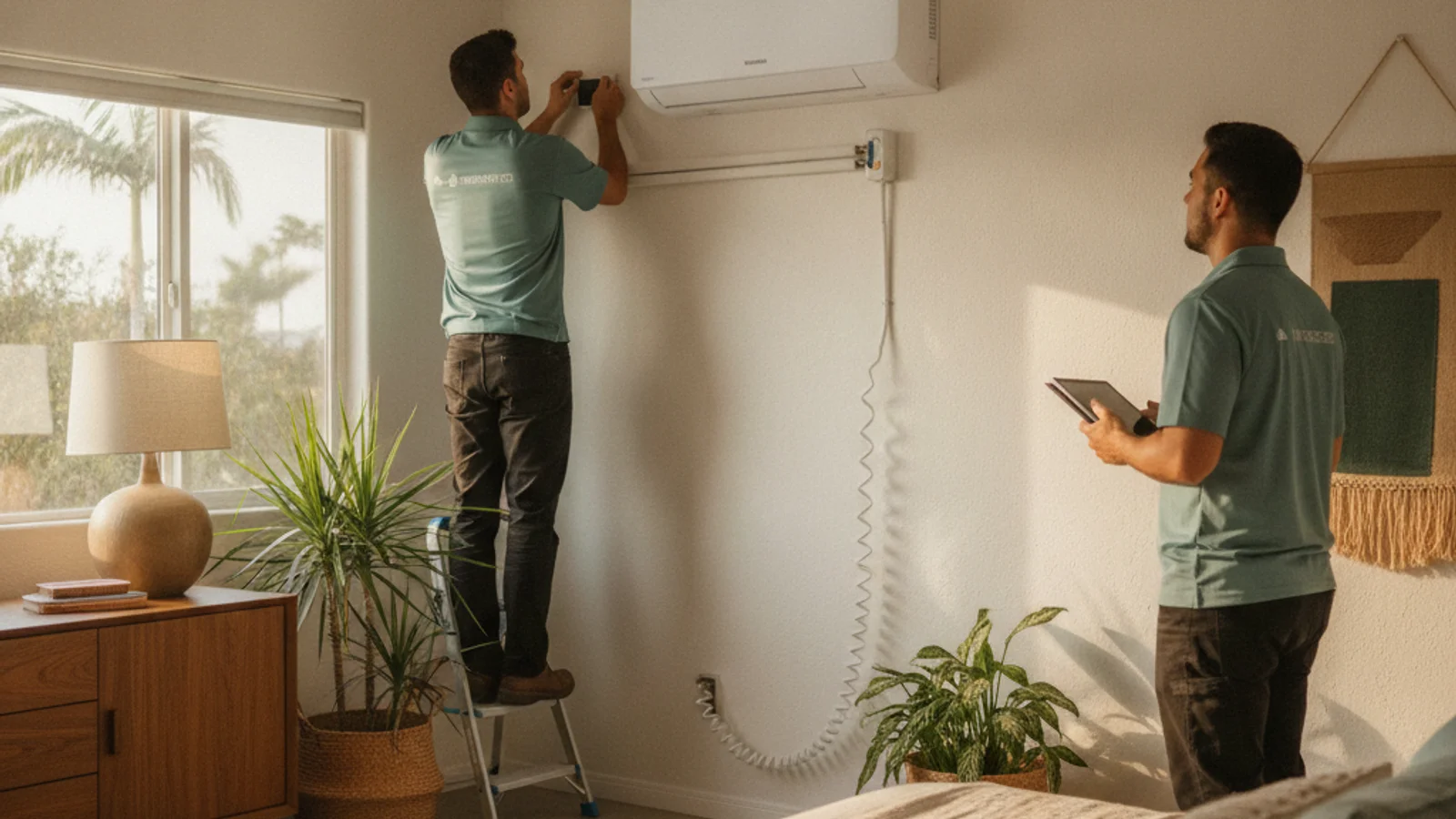 A wall-mounted ductless mini-split head installed in a bright San Diego short-term rental bedroom.