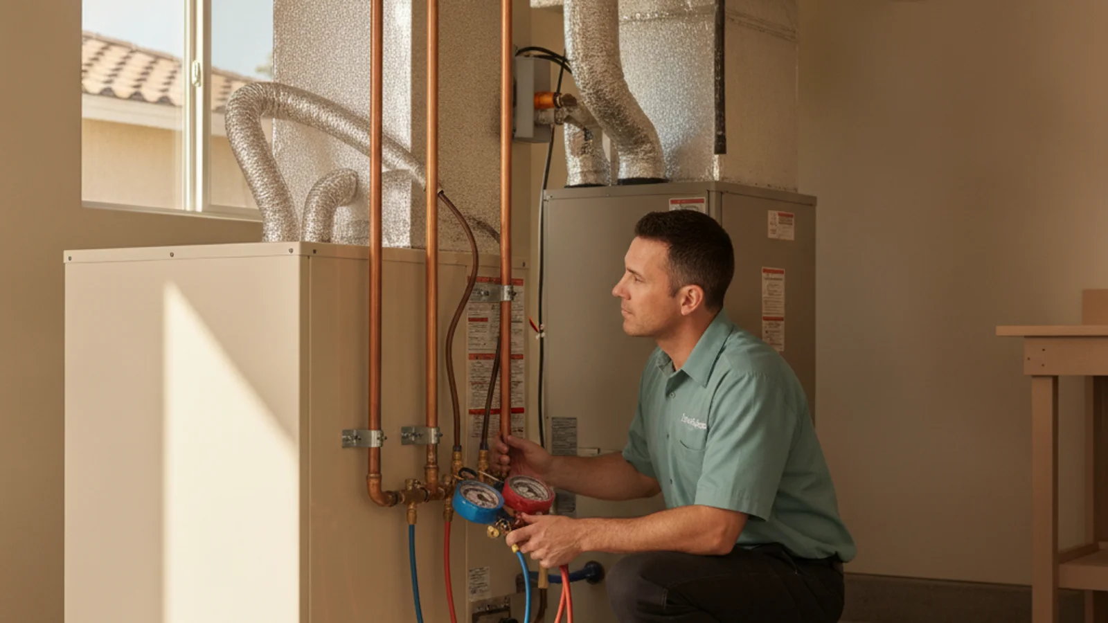 San Diego HVAC technician diagnosing a central AC system during a service call
