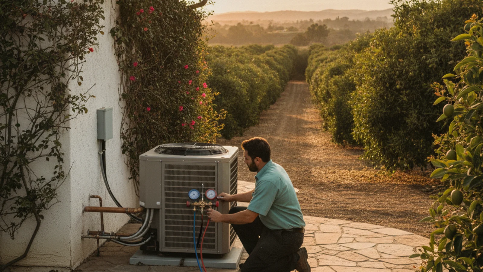 HVAC technician servicing an outdoor condenser unit at a rural Fallbrook California estate property surrounded by avocado groves