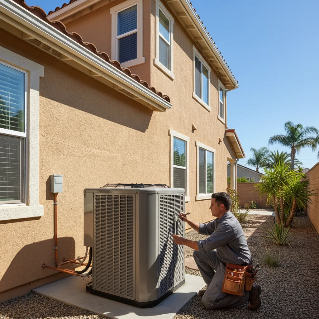 A sunny, two-story San Diego home with an HVAC unit visible on the side.