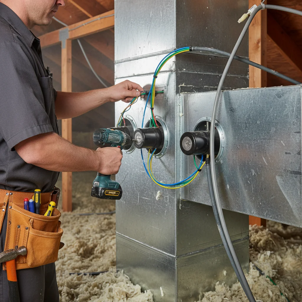 Close-up of motorized HVAC zone dampers inside an attic duct.