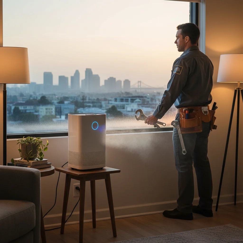 Hazy San Diego skyline viewed from inside a home with an air purifier running