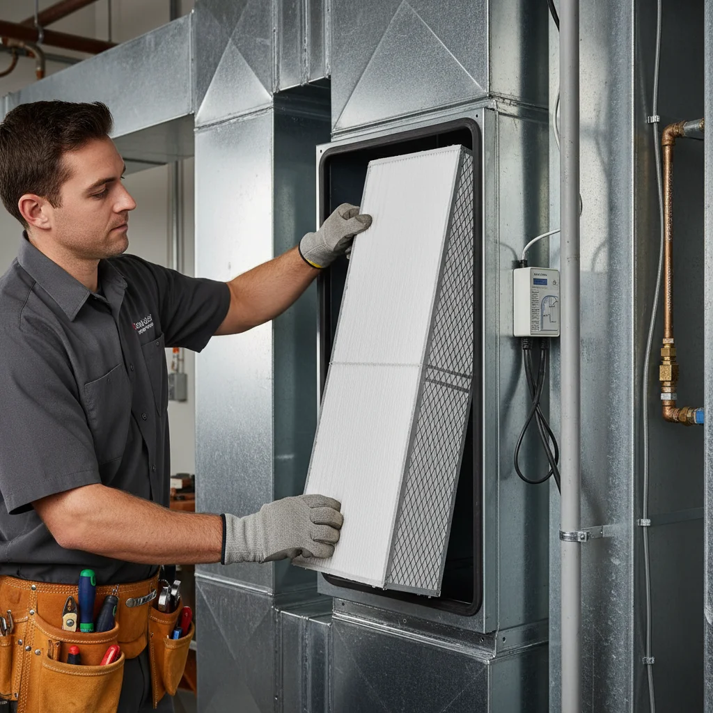 A technician installs a thick MERV 13 whole-home media filter