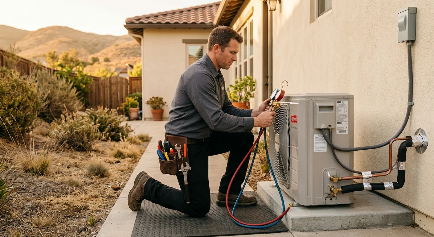Split-system AC condenser beside an inland San Diego home