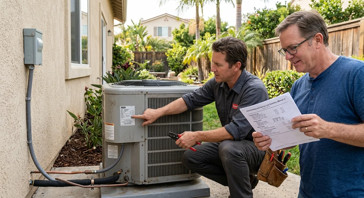 Homeowner and HVAC contractor reviewing an outdoor AC unit