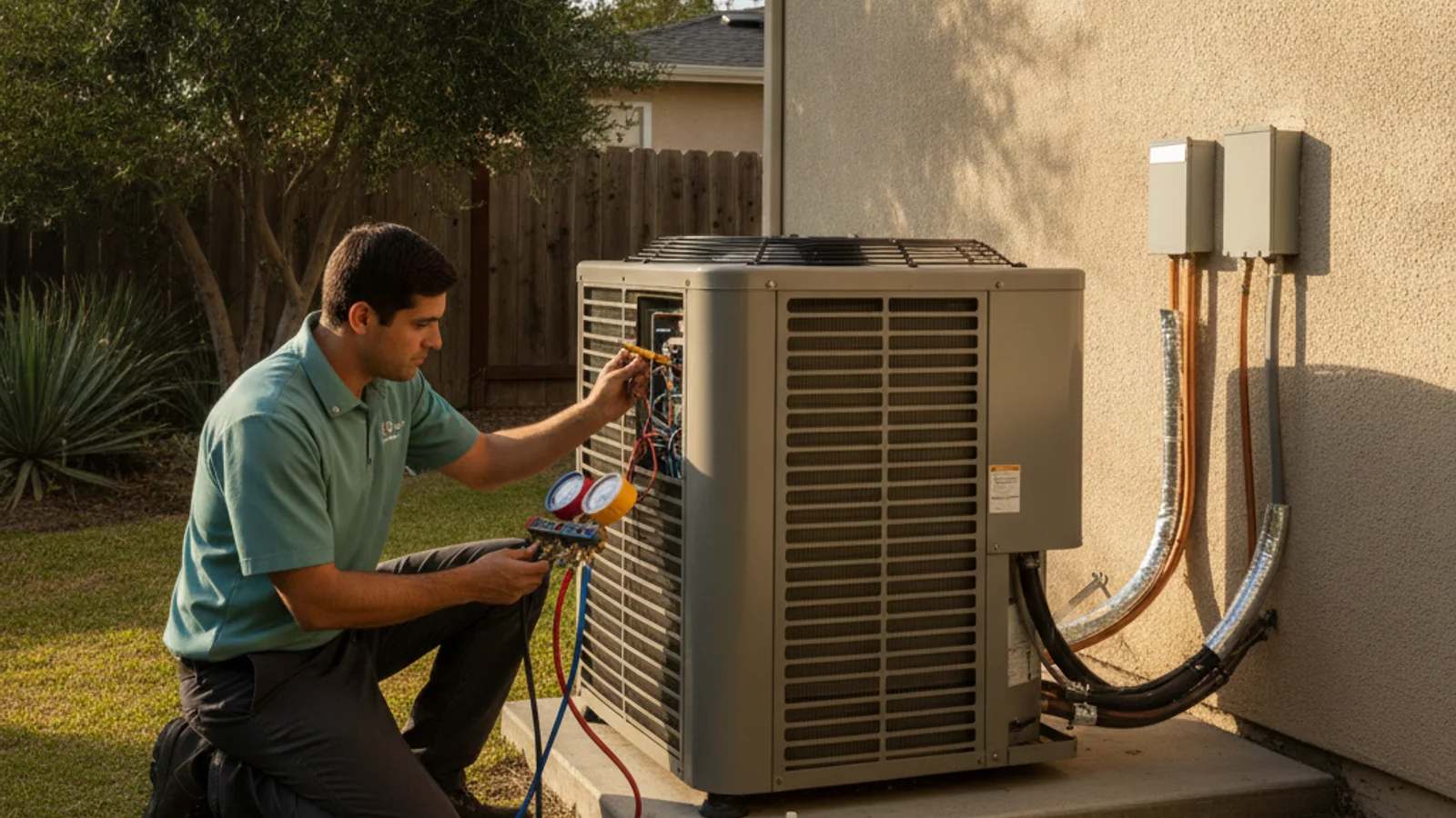 HVAC technician performing maintenance on an outdoor condenser unit with diagnostic tools