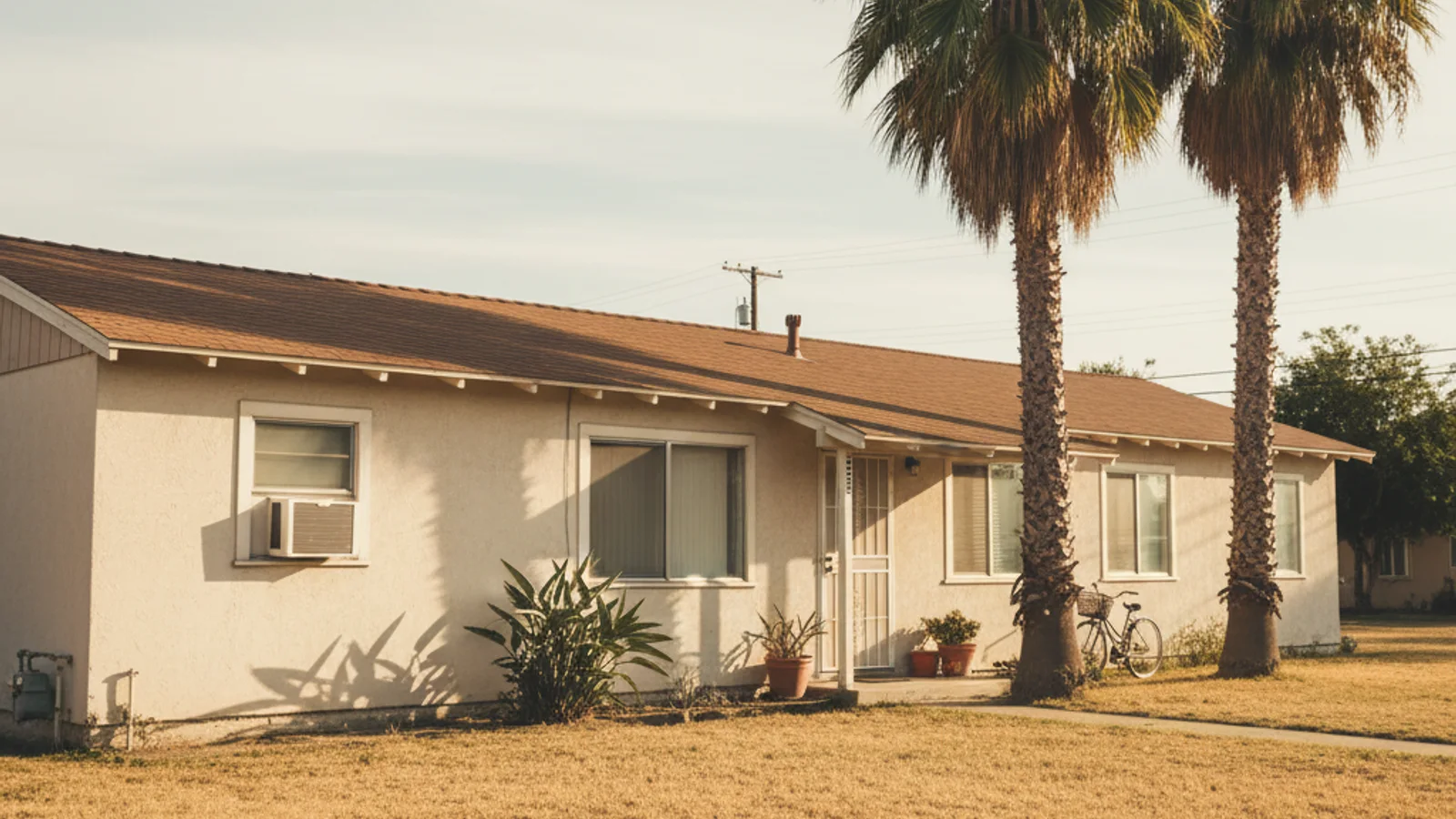 A San Diego rental home with a window air conditioning unit installed in the front bedroom window