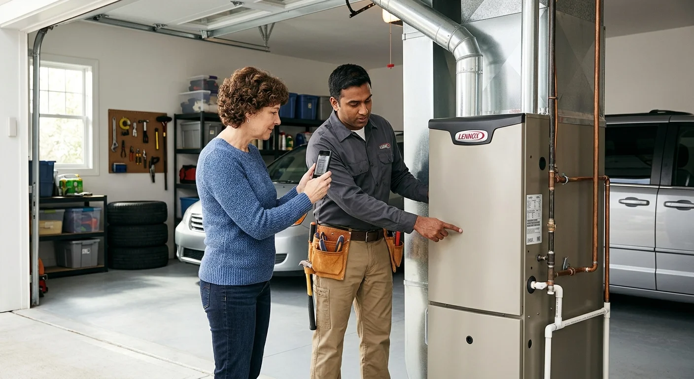 Homeowner photographing the exterior label on a Lennox furnace