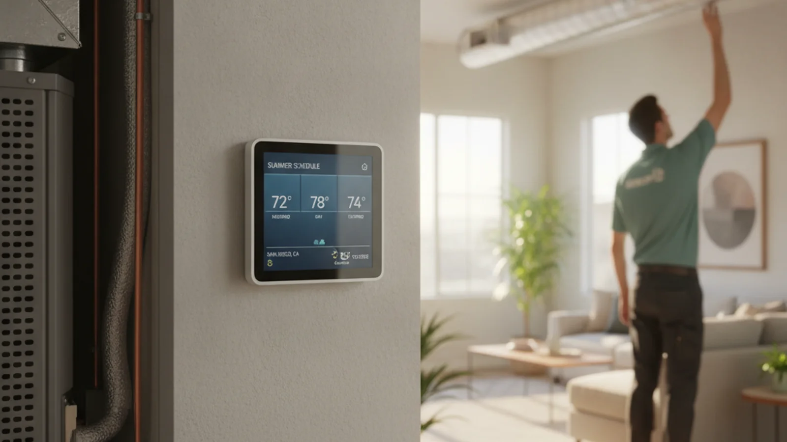 Smart thermostat displaying summer schedule for an energy-efficient San Diego home