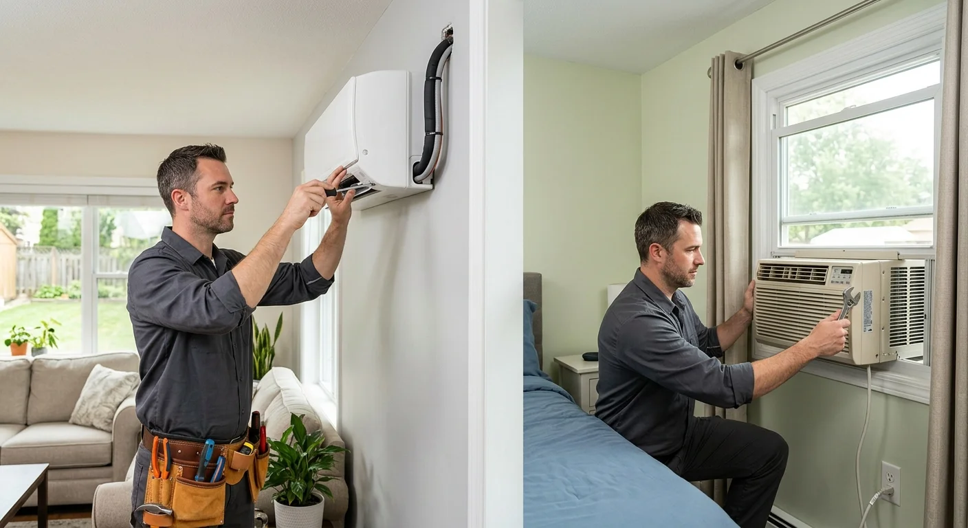 Wall-mounted mini split beside a window heating and cooling unit in similar rooms