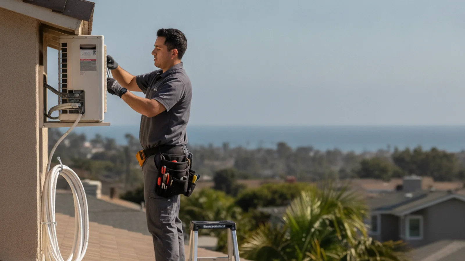 Ductless mini split condenser mounted on a wall bracket beside a stucco beach cottage in Oceanside, California