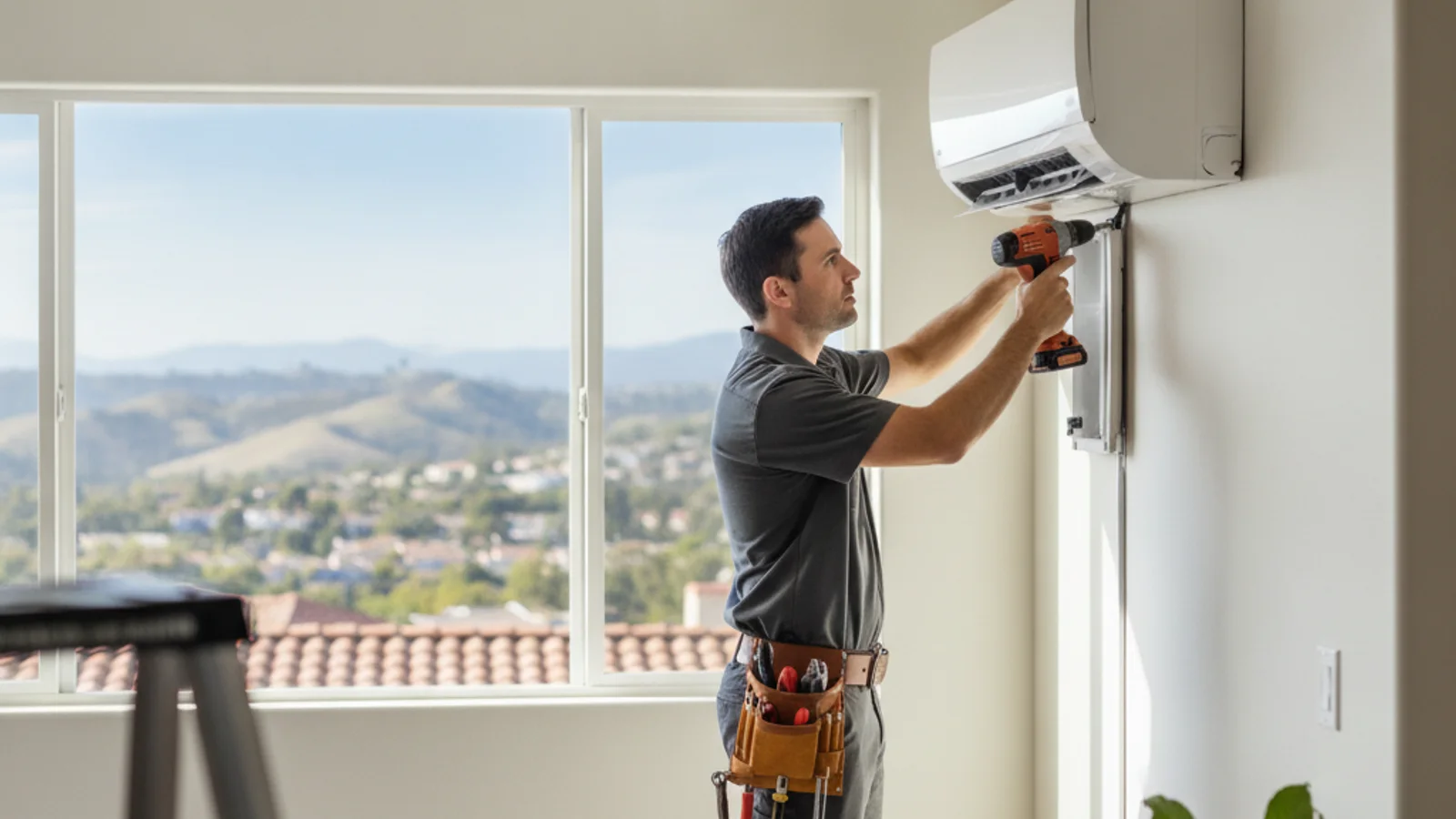 Ductless mini split indoor head mounted high on the wall of a converted home office in a Rancho Bernardo tract house