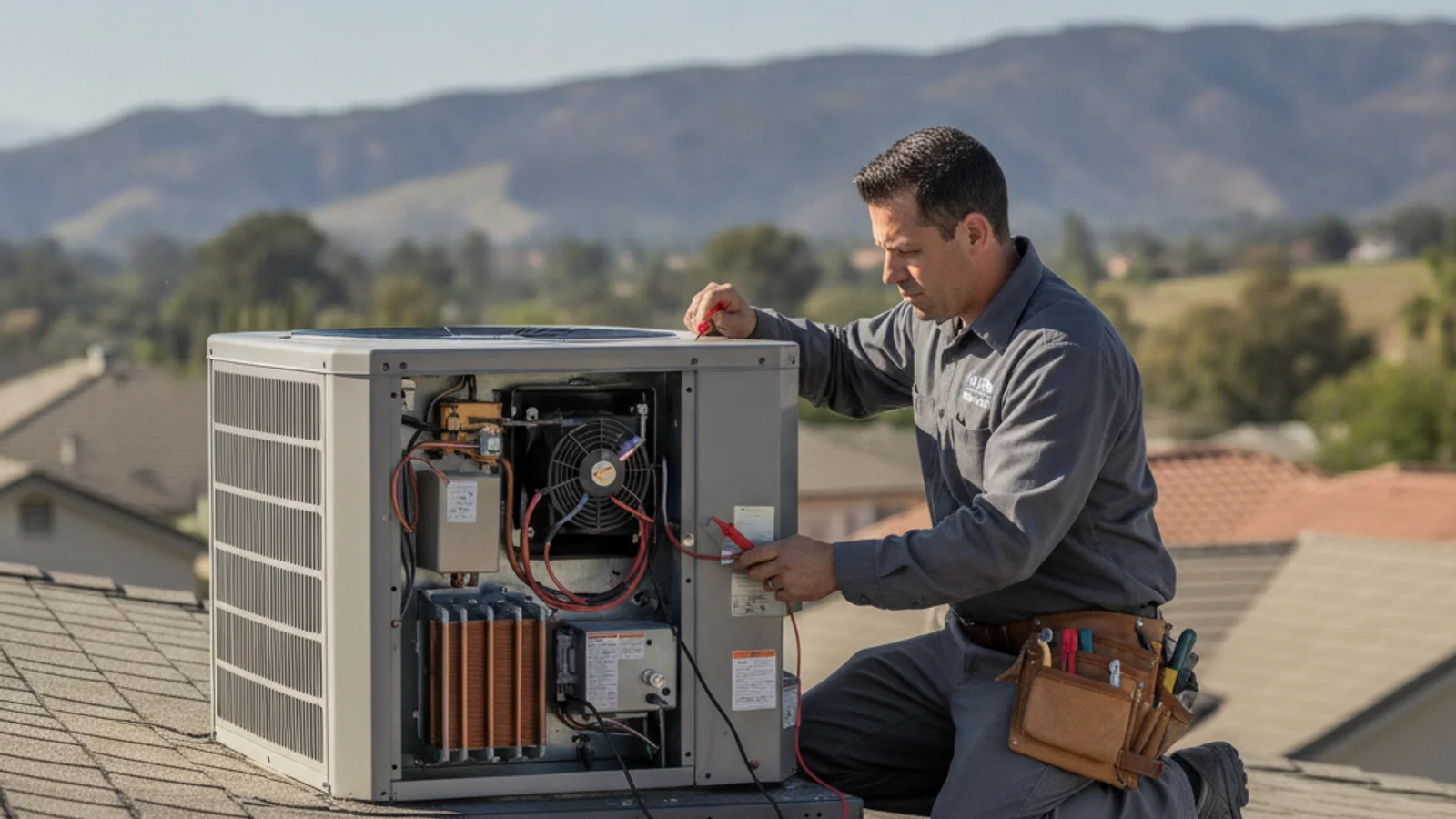 HVAC technician removing the front cover of a wall-mounted ductless mini split head to inspect the blower wheel in a Scripps Ranch home