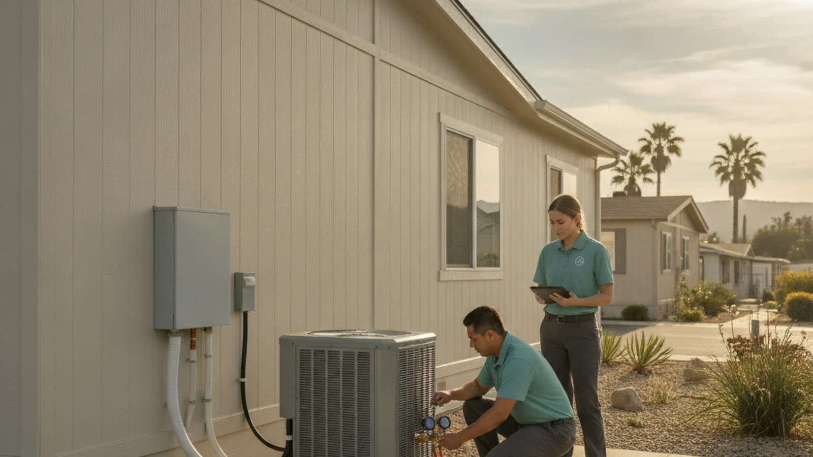 A manufactured home in a San Diego County park with a compact HVAC unit on the side and a small concrete pad.