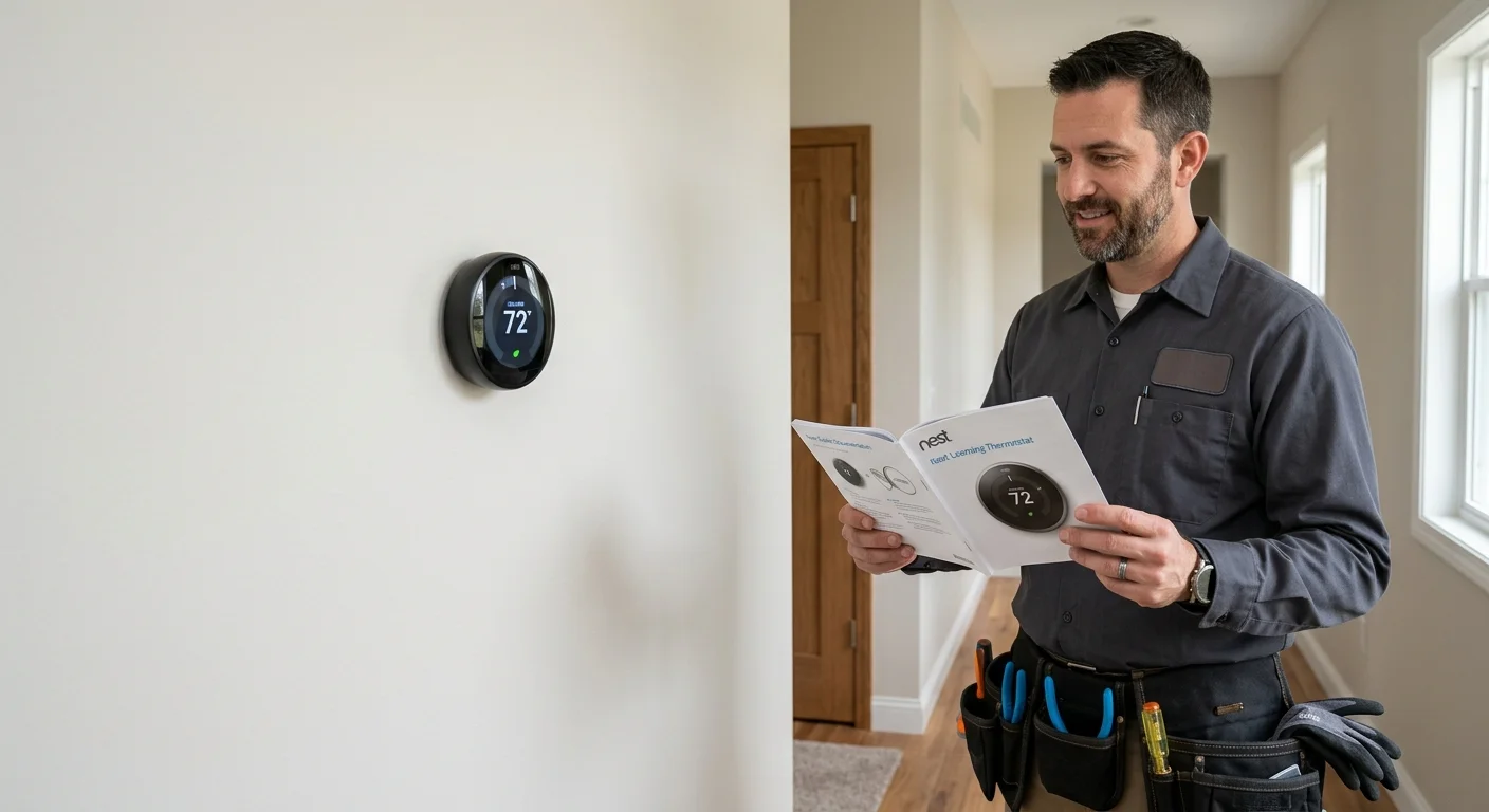 Nest 4th generation thermostat on a wall beside official product documentation
