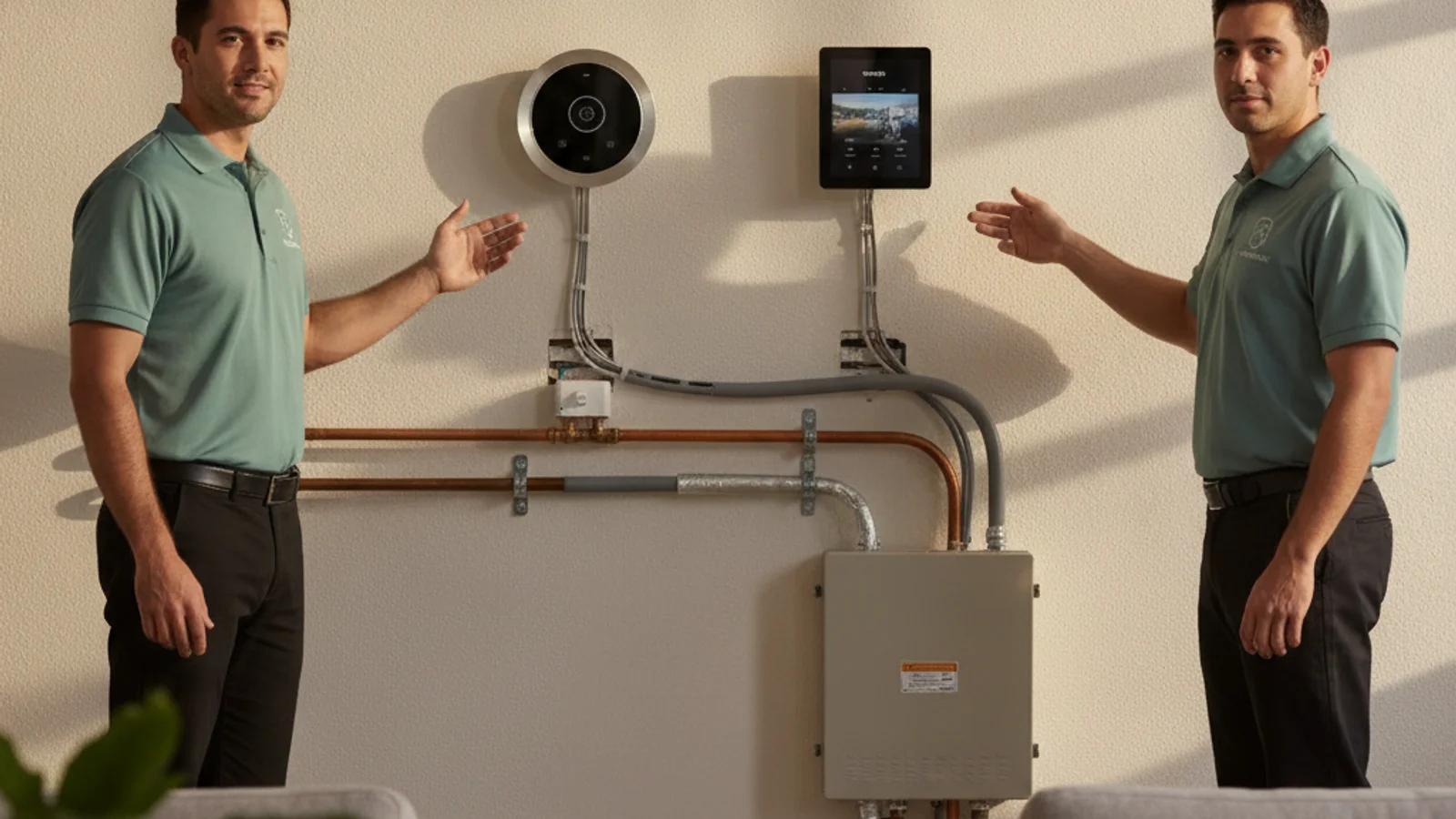 Side-by-side comparison of a Nest Learning Thermostat and an Ecobee Premium smart thermostat installed on a residential wall