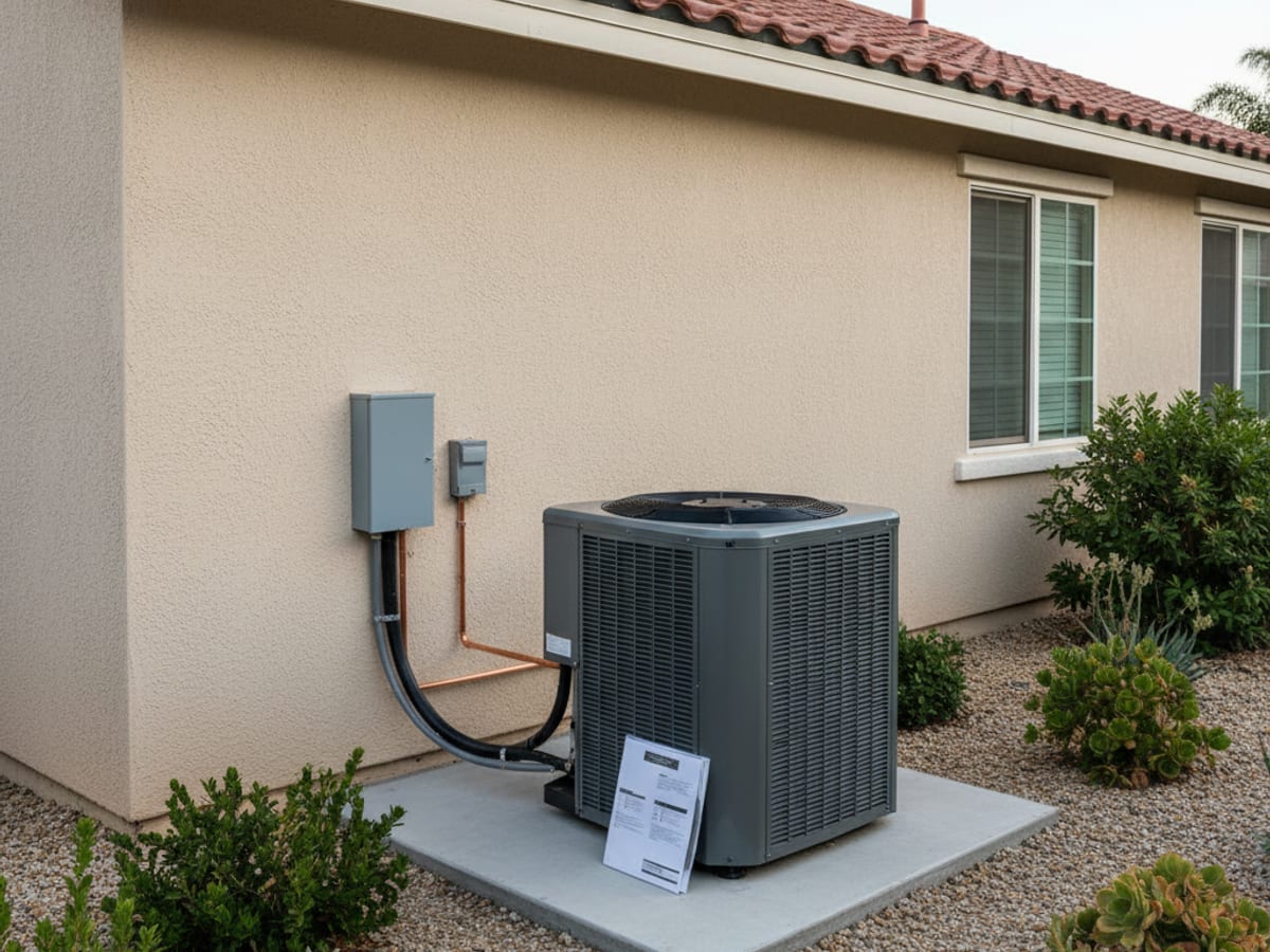 New outdoor AC condenser unit freshly installed on a clean concrete pad beside a San Diego stucco home