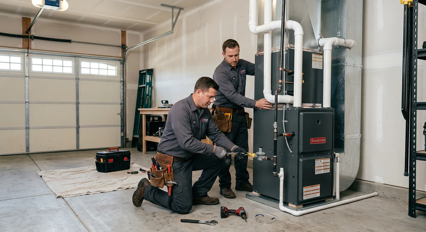 Two HVAC technicians installing a new gas furnace in a clean San Diego garage