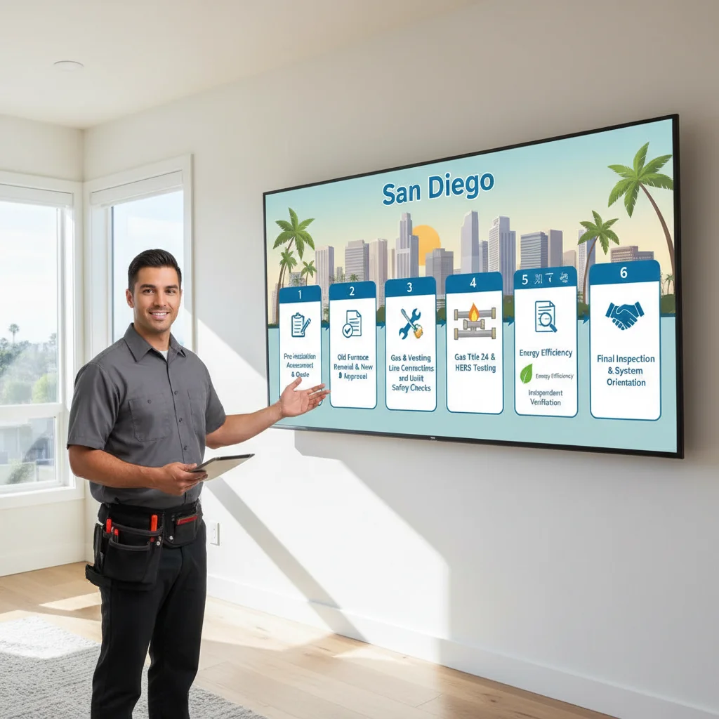 Infographic detailing the key stages of furnace installation in San Diego, including initial assessment, permit application, installation, Title 24 compliance, HERS testing, and final inspection.