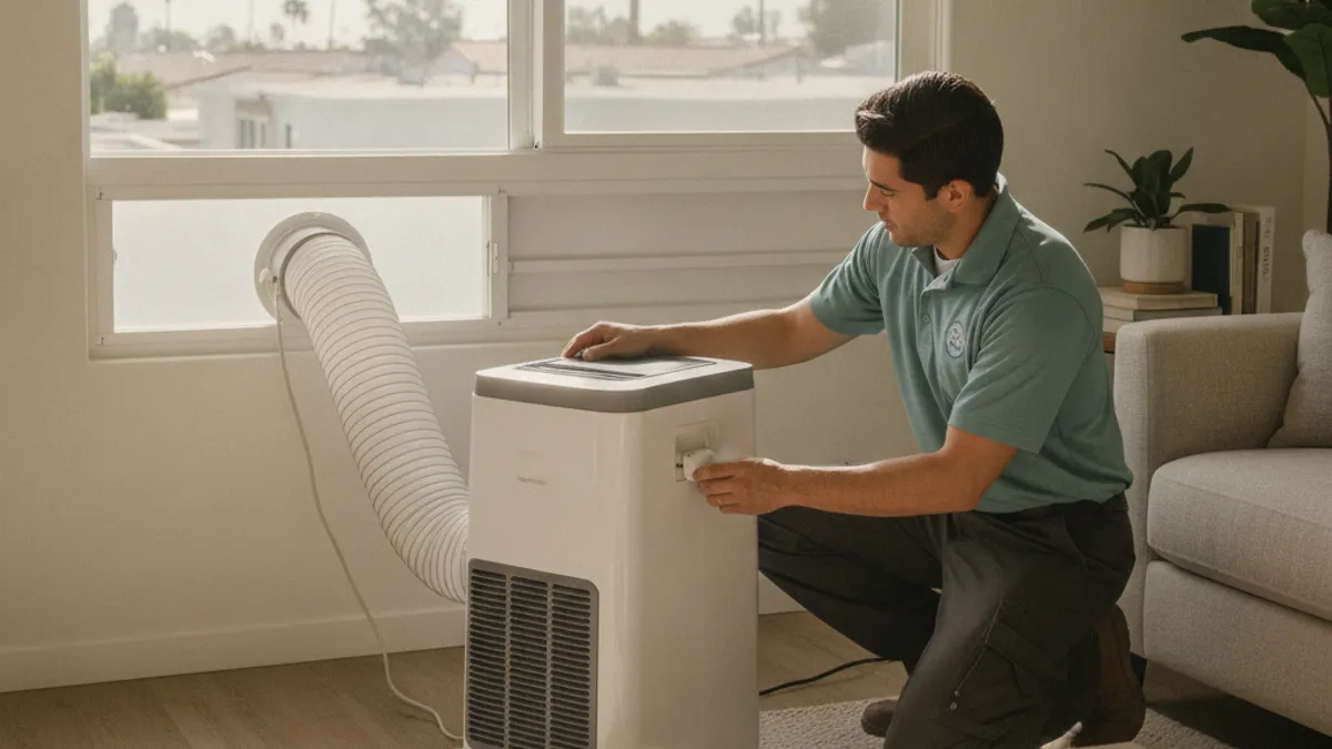 A portable air conditioner unit in a San Diego apartment living room with its exhaust hose vented through a window kit