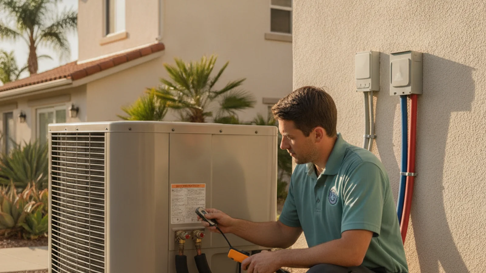 Home inspector examining outdoor AC condenser at a San Diego home
