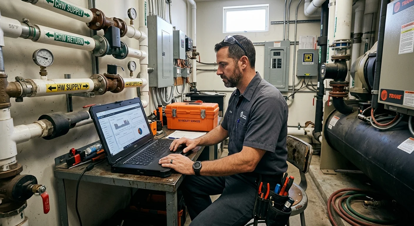 San Diego facility manager reviewing HVAC trend data on a laptop