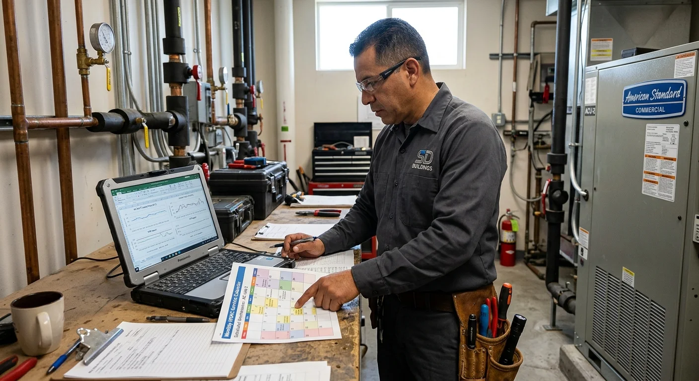 Facility manager comparing an HVAC service calendar with equipment trend data