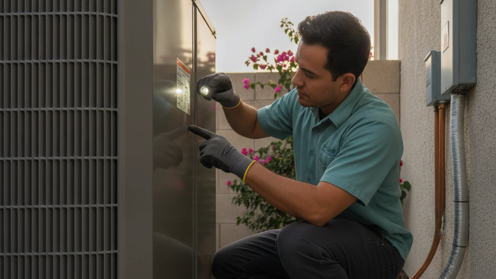 Technician checking the nameplate on a San Diego AC condenser to identify the refrigerant type.
