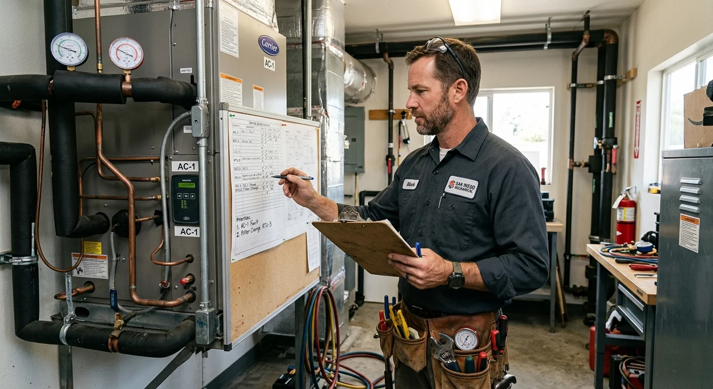 Facility manager comparing HVAC equipment records in a San Diego commercial building