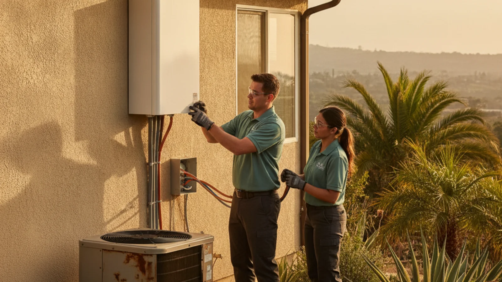 Heat pump system being installed to replace an older central AC at a San Diego home