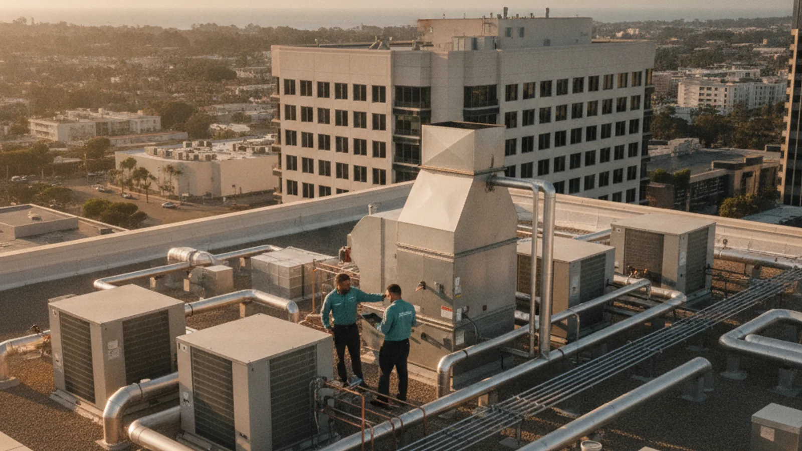 Restaurant rooftop HVAC and Type I hood exhaust on a San Diego commercial building