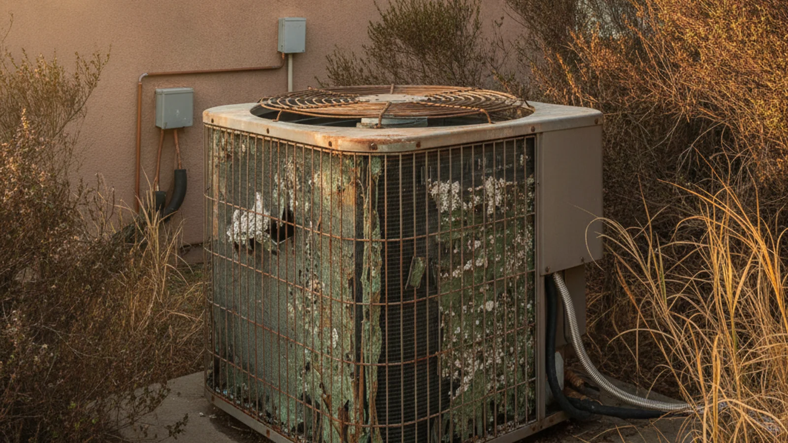 A failing residential AC condenser fin pack with corrosion on a San Diego home pad