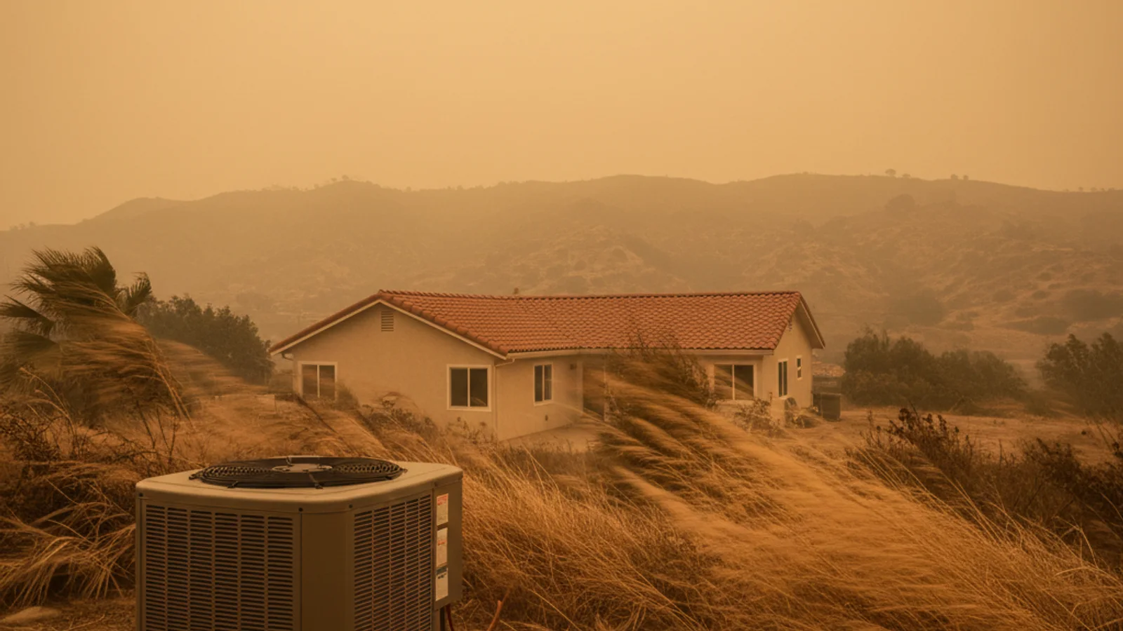 A San Diego home under a hazy orange wildfire-smoke sky with an outdoor AC condenser unit in the foreground