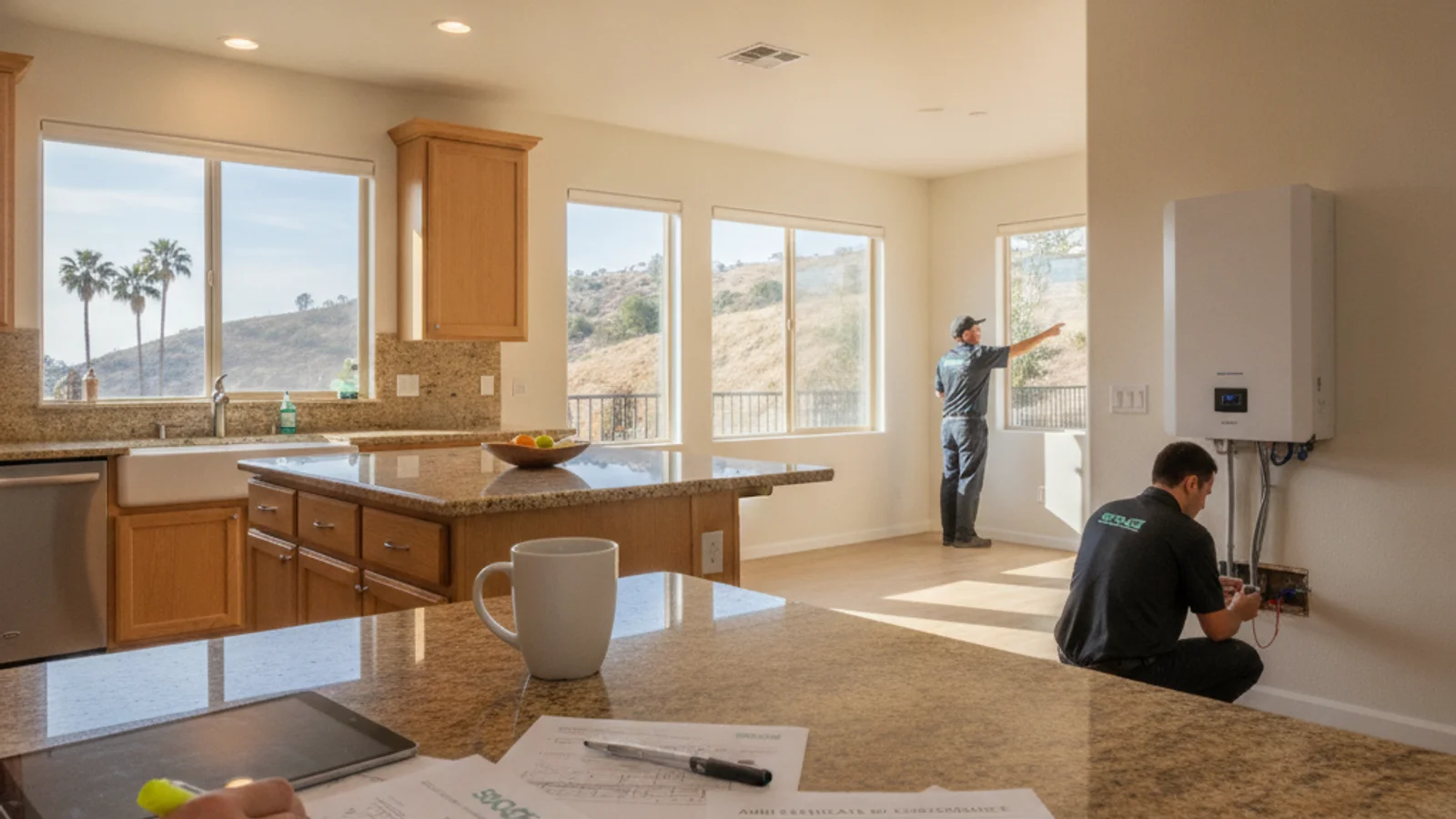 SDG&E heat pump rebate paperwork and AHRI certificate on a San Diego kitchen counter