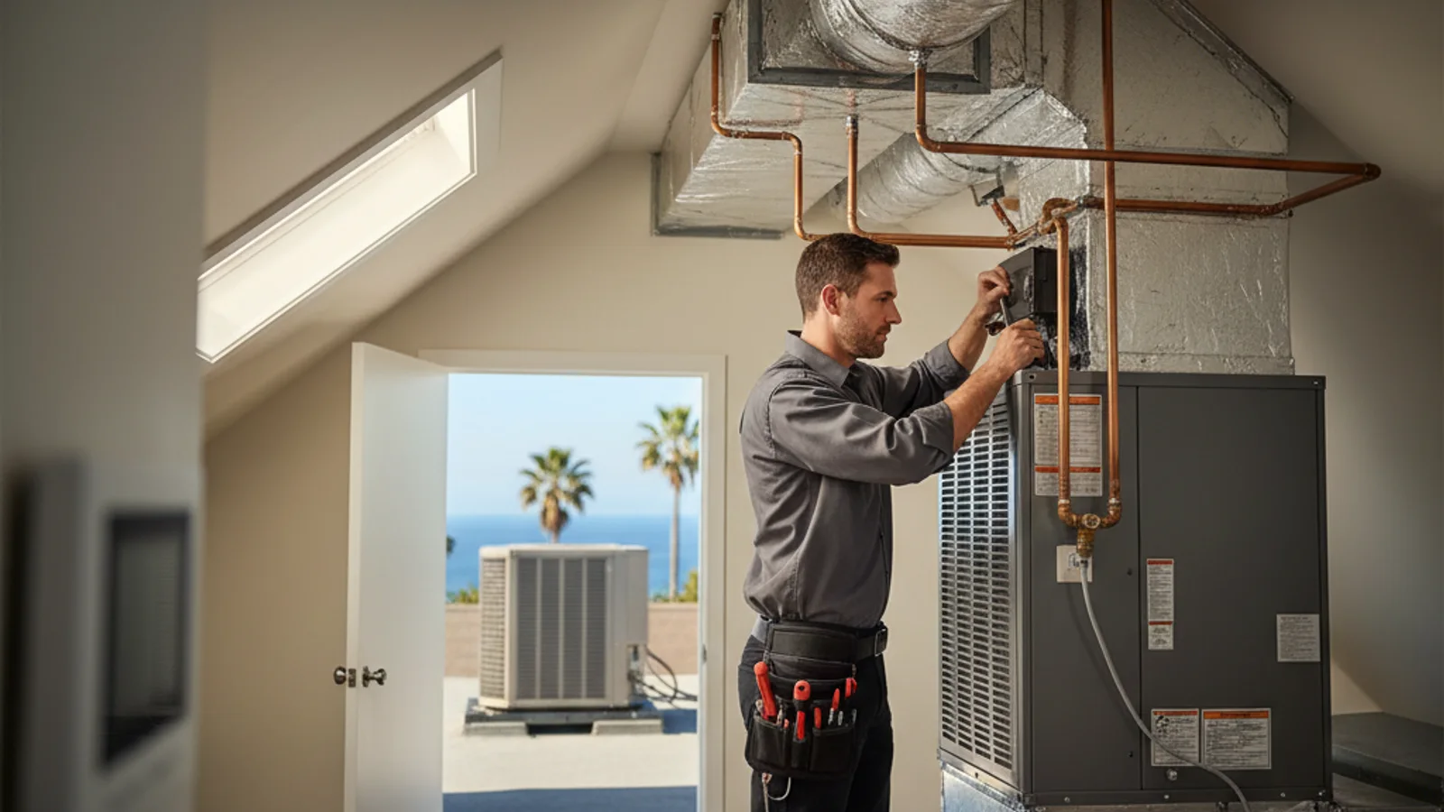 Newly installed heat pump system on the side of a San Diego home with SDGE meter visible