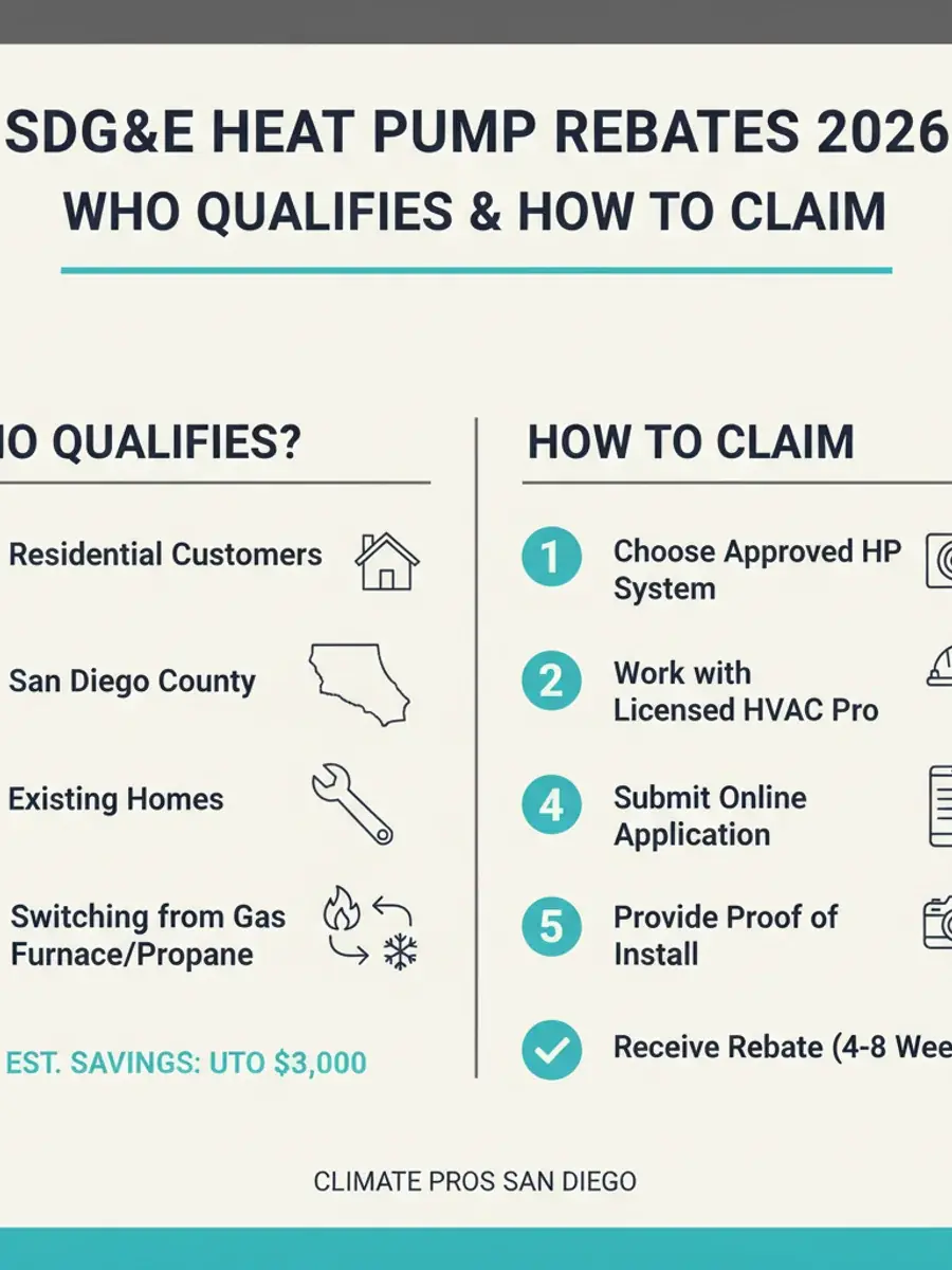 Infographic comparing 2026 SDGE heat pump rebate amounts by system type and home efficiency tier