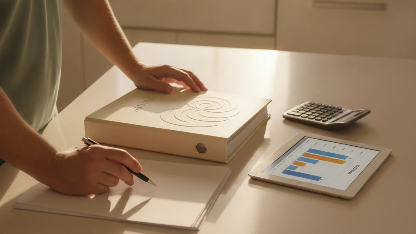 Overhead view of a kitchen counter with a quote folder, calculator, tablet showing an energy bill chart, and pen ready for rebate paperwork