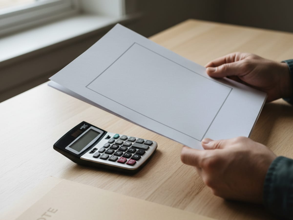 Hands holding HVAC installation paperwork with manufacturer equipment sticker, calculator and folder in the frame