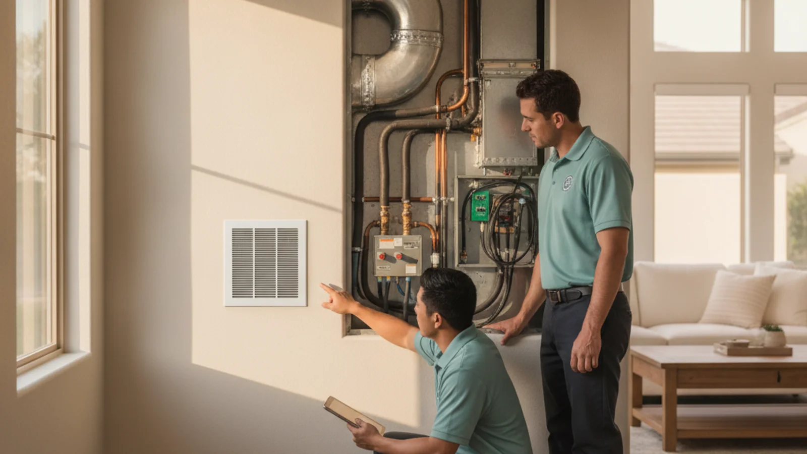 Supply register on a wall in a San Diego home, photo realistic.