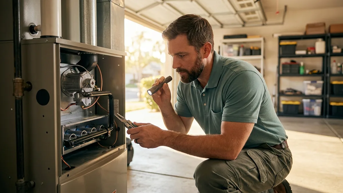 A San Diego HVAC technician performing a furnace tune-up, inspecting the burner assembly