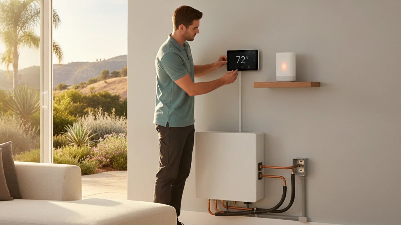Smart thermostat installed in a San Diego home connected to a smart home hub