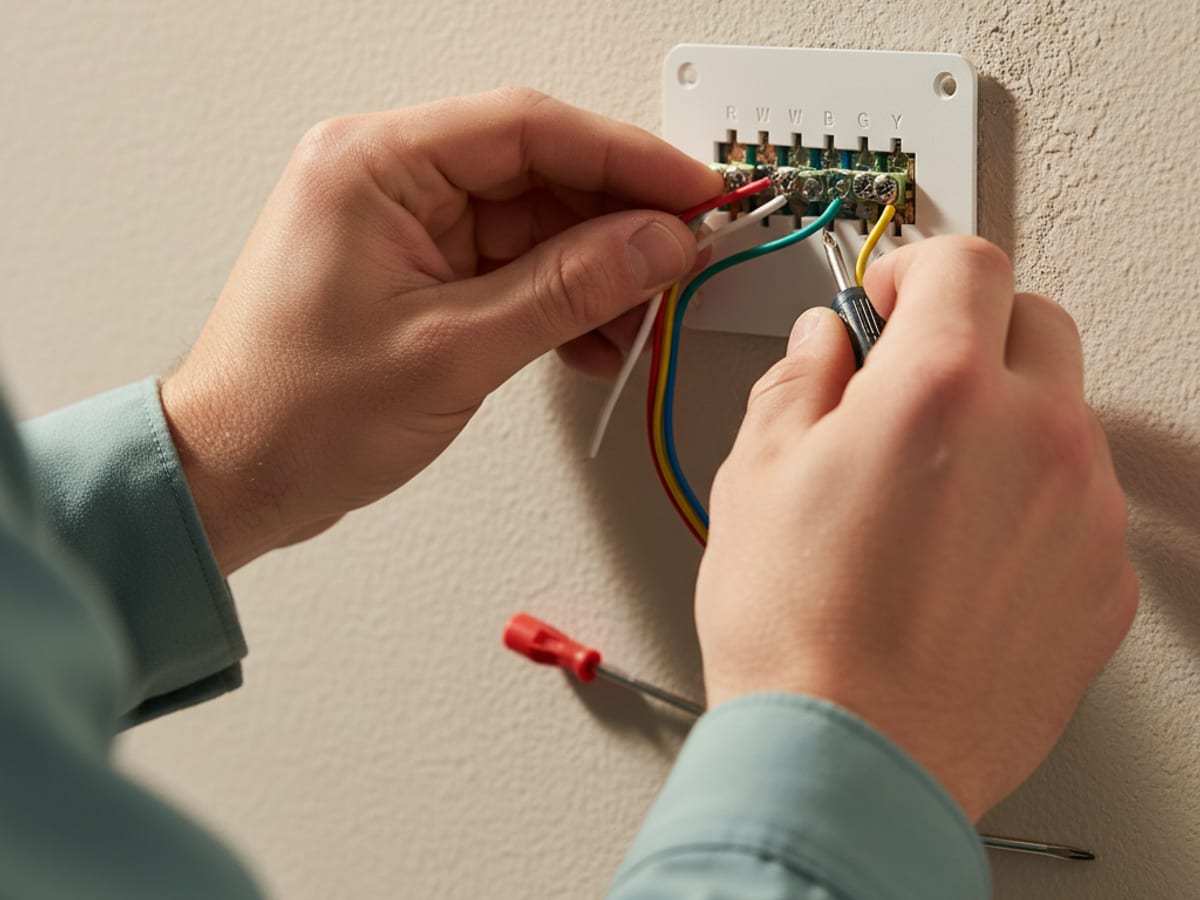 Close-up of technicians hands wiring a smart thermostat base plate with color-coded wires to the correct terminal screws