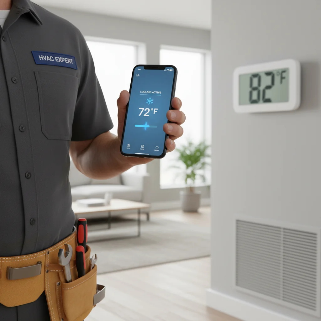 Smartphone screen showing a smart thermostat app with cooling active while an indoor thermometer in the background reads 82 degrees