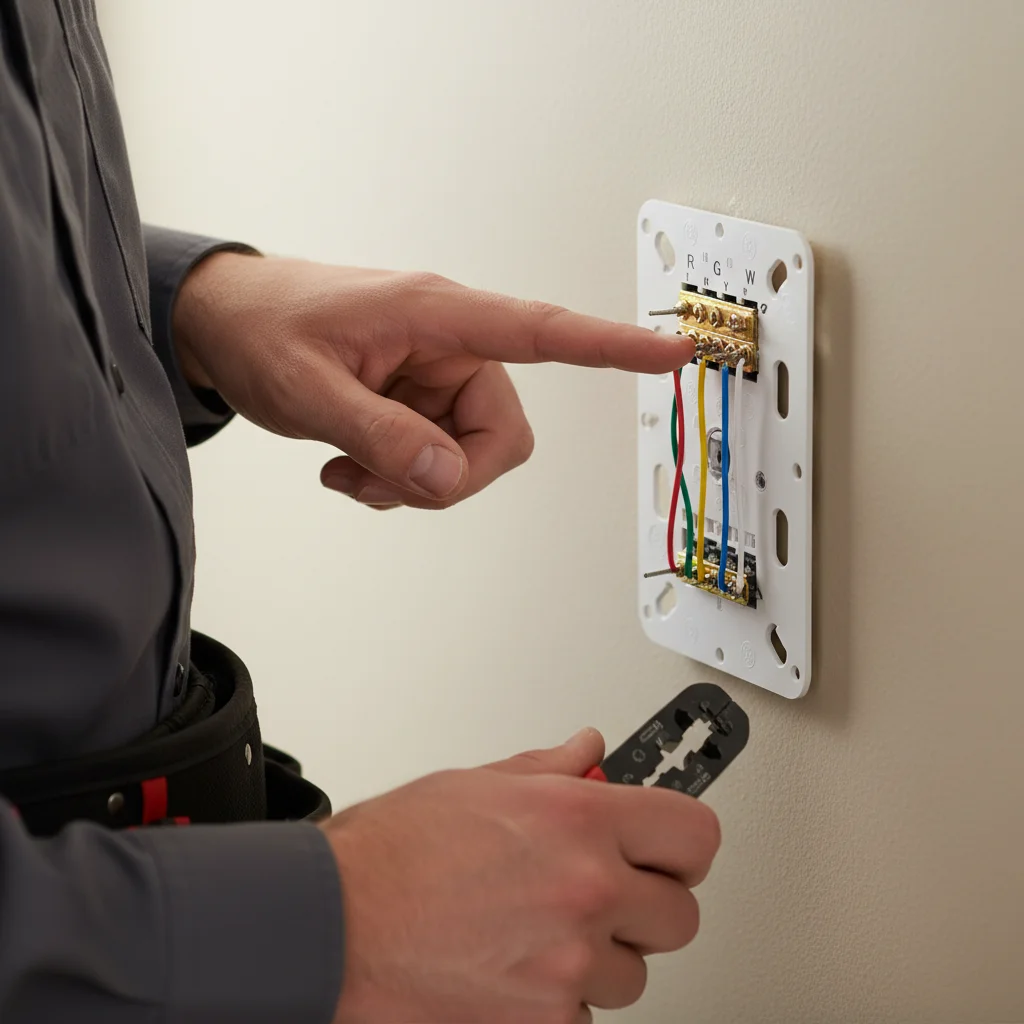 Close-up of a thermostat backplate showing C-wire terminal with a finger pointin