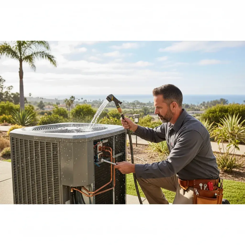 Técnico de HVAC midiendo la presión del refrigerante en un condensador de AC residencial durante un chequeo de primavera en un hogar de Escondido