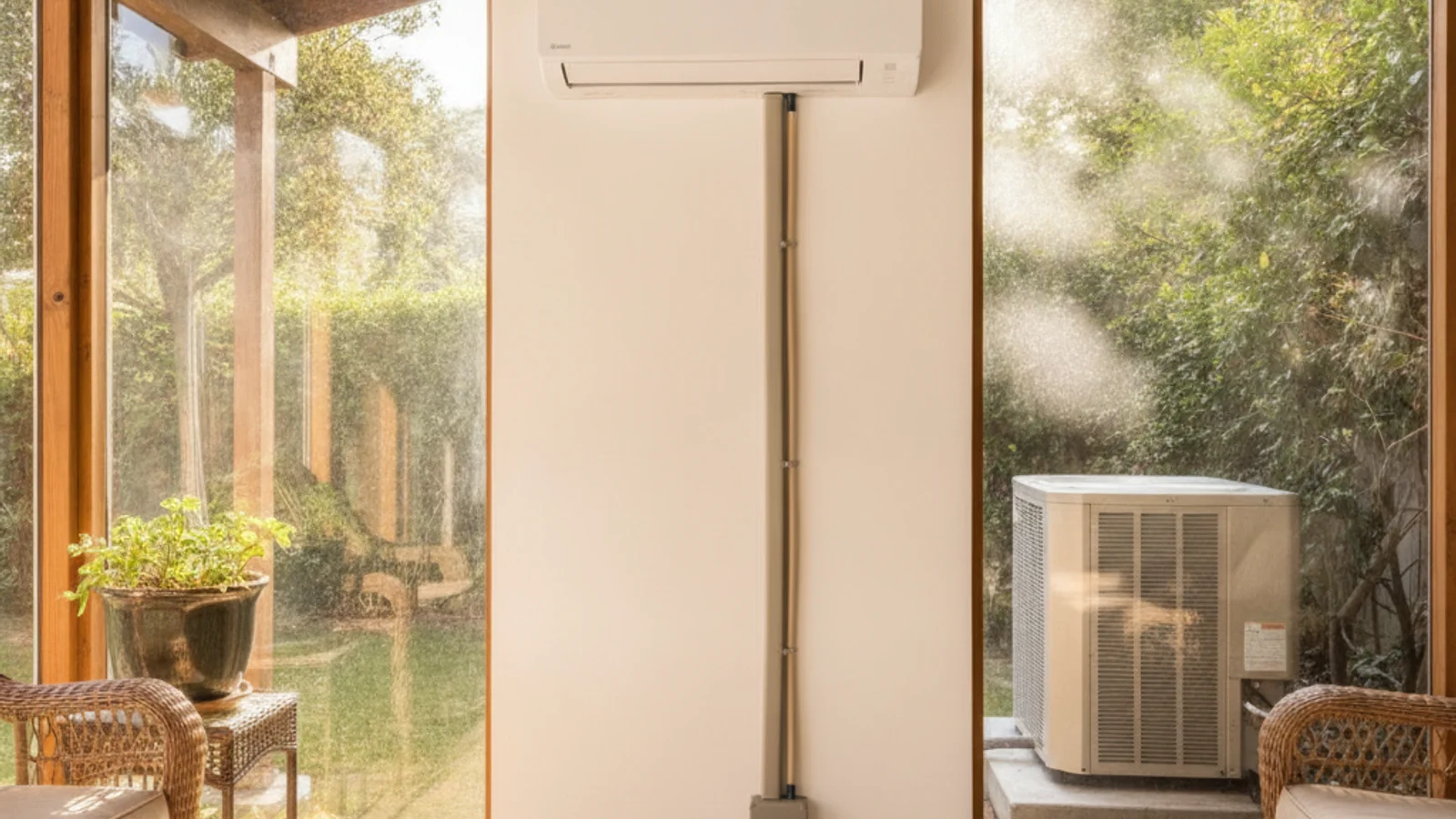 Ductless mini-split head mounted in a glassed sunroom on a San Diego home