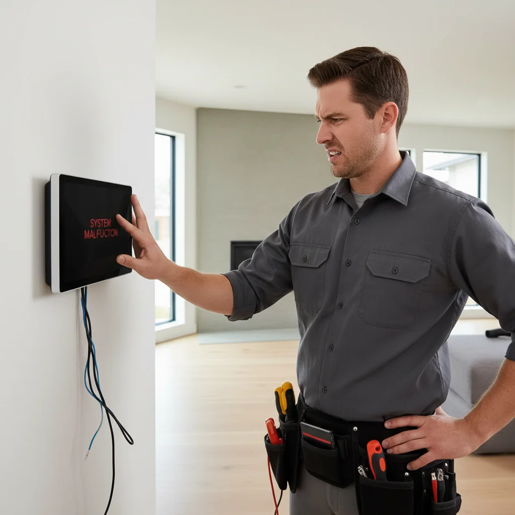 Homeowner pressing buttons on a wall-mounted smart thermostat with a blank screen, frustrated expression, modern home interior