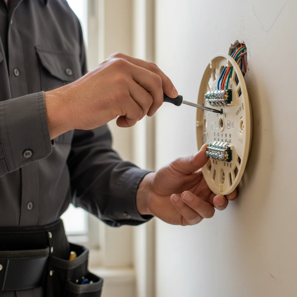 Close-up of a thermostat removed from the wall showing the wiring terminals on t