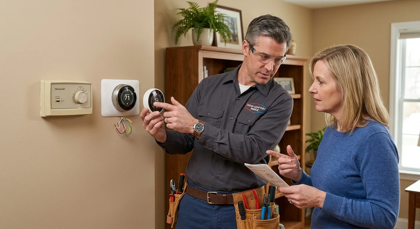 Older wall thermostat beside a modern replacement
